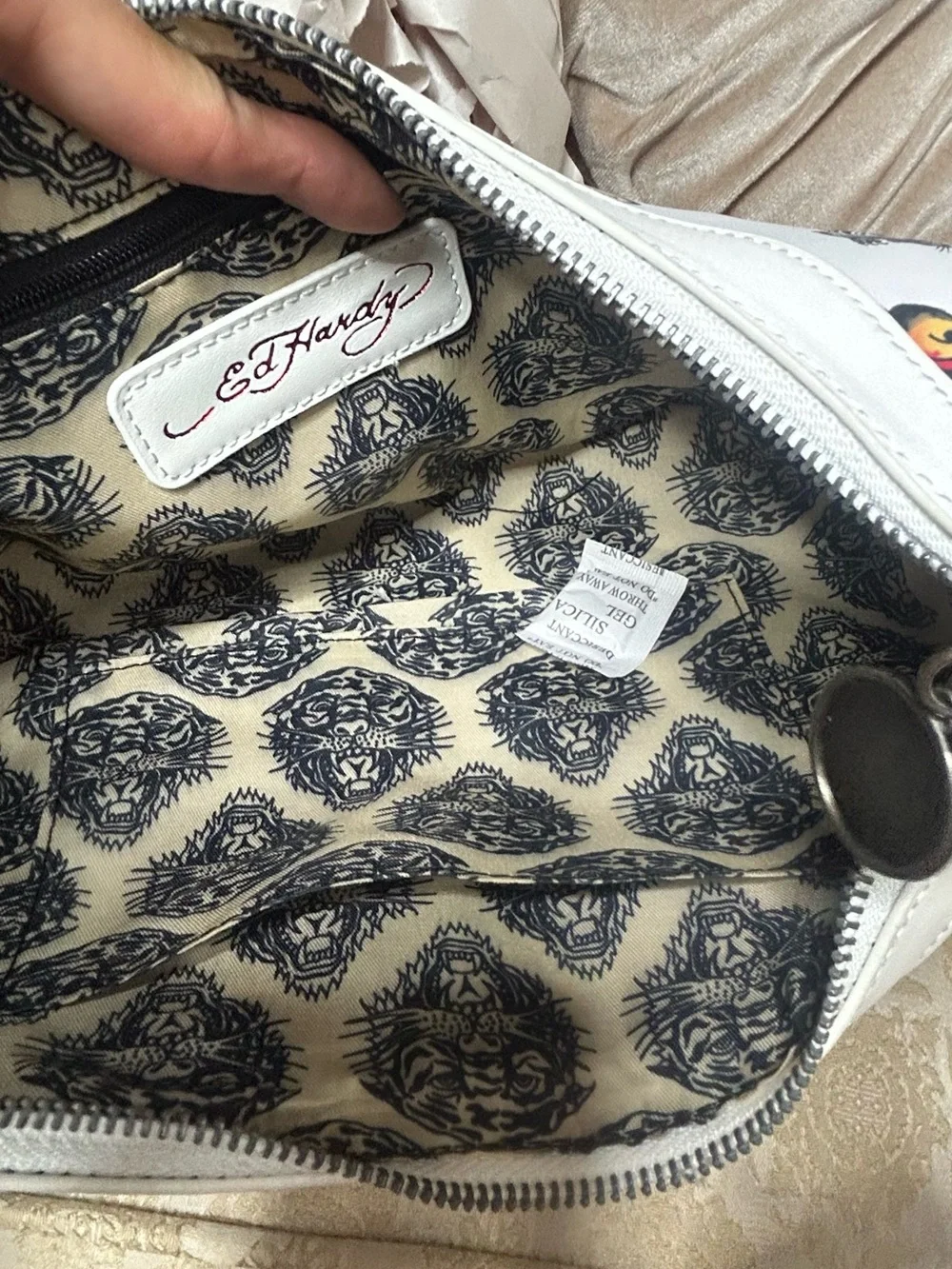 NWT Ed Hardy White Tattoo Studded Hobo Shoulder Bag Y2K Skull Tiger Purse